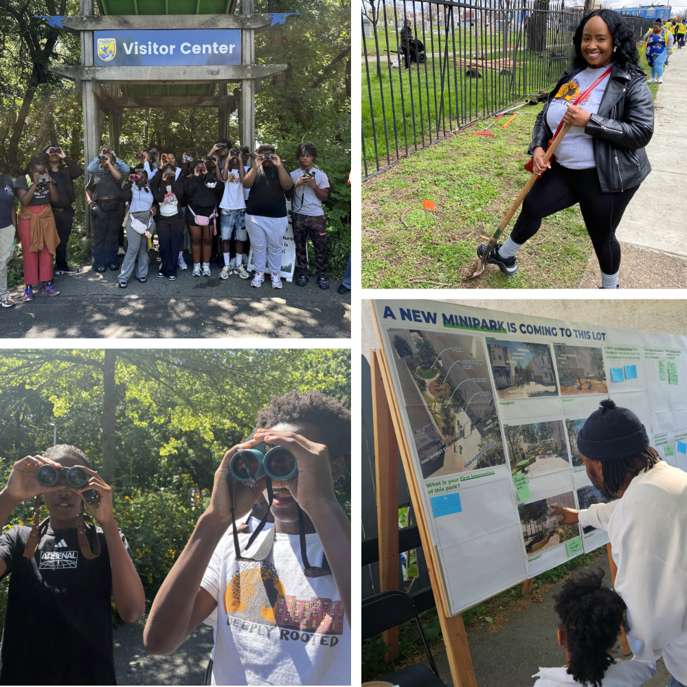 Four-photo collage: a group at a park visitor center, a woman holding a shovel near a grassy area, two young men holding binoculars to their eyes, a man and child looking at a poster describing a forthcoming minipark 