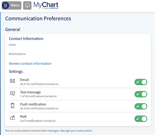 MyChart Communication Preferences screen
