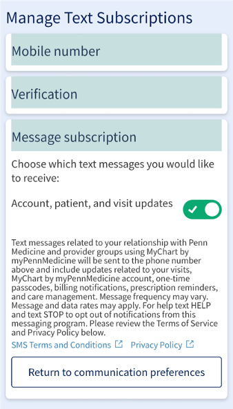 Manage Text Subscriptions screenshot