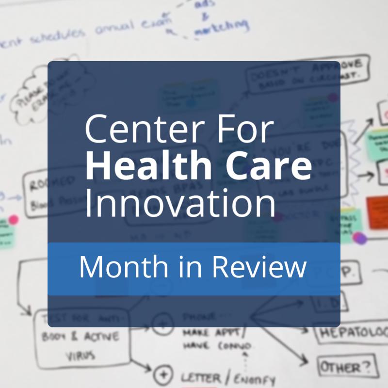 "Month in Review" overlaid on a whiteboard flow diagram