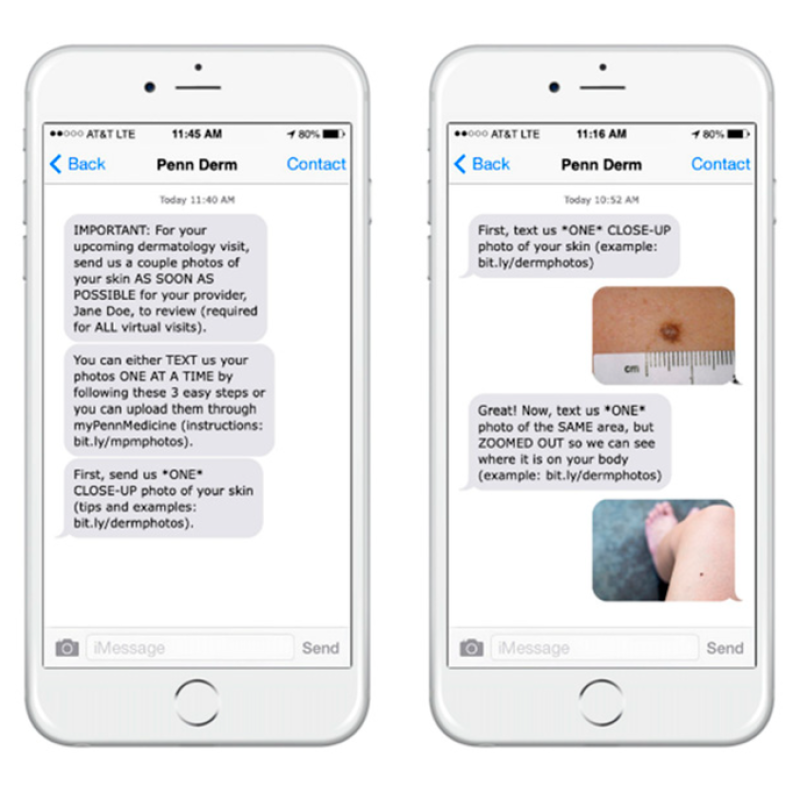 Two phone screens showing sample text instructions to patients