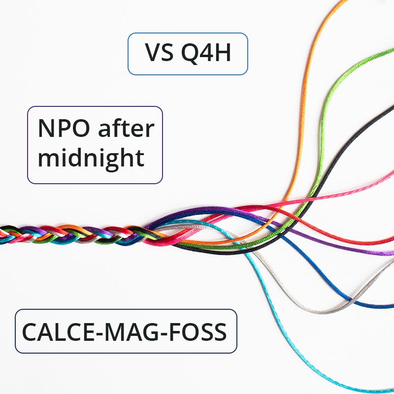 Colorful braid unraveling to the right. Bubbles with medical shorthand appear above and below the braid.