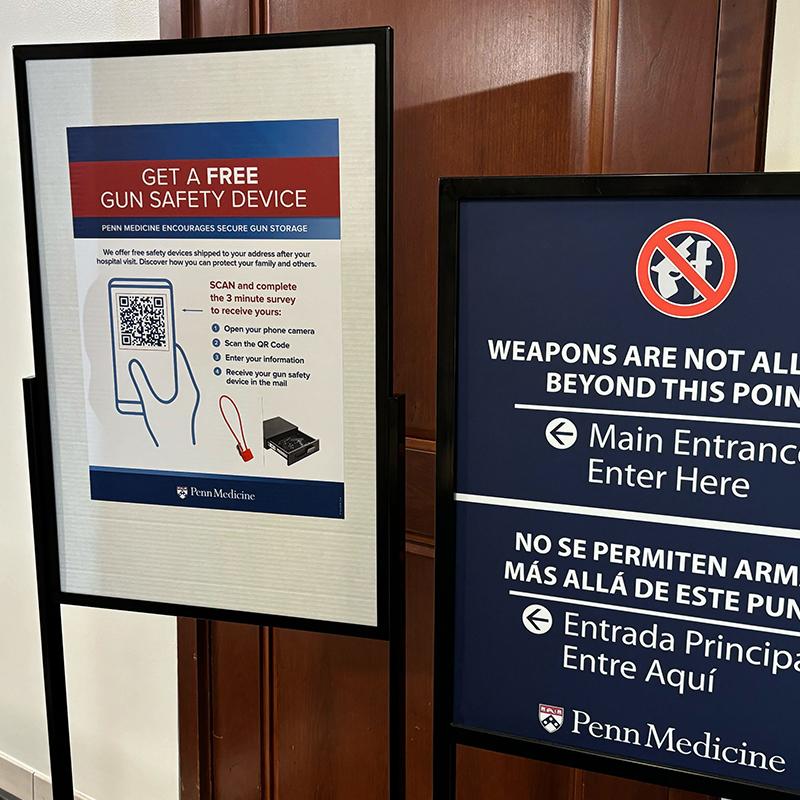 Signage in the hospital explaining how patients can get a free gun safety device