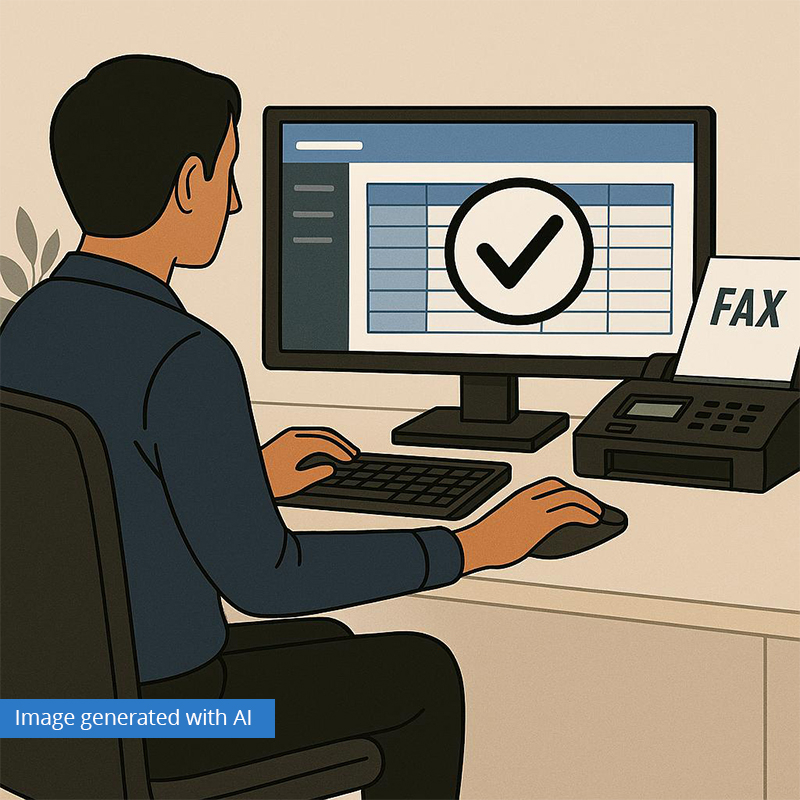 Man working at a computer next to a fax machine. The screen shows a data table with a checkmark.