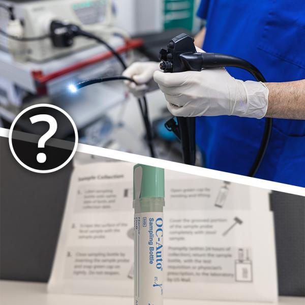 Split image showing a clinician holding an endoscope at top and a FIT kit sample tube at bottom, with a question mark overlaid in between the images